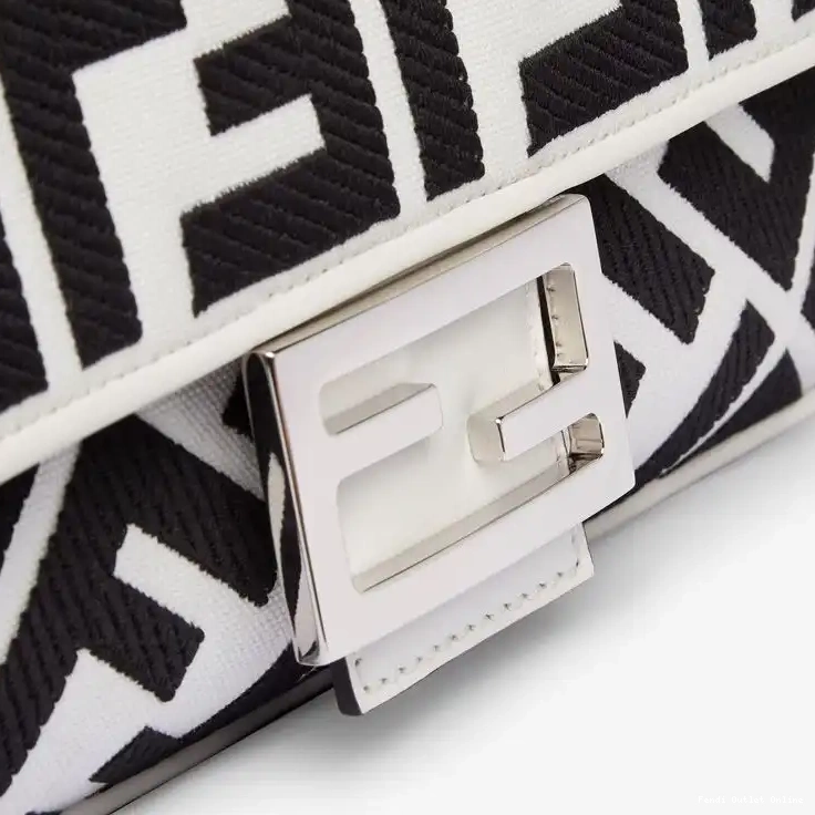 Cheap In White Canvas Medium Motif Black FF Fendi Bag Baguette 0503